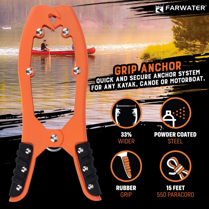 FARWATER Canoe Anchor Grip - Boat  Float Tube & Kayak Fishing Accessories  Kayaking Equipment - Brush Clamp Anchor with Teeth - Gripper with 15ft Paracord - Rubber Grips - Coated Steel - Matte Orange - Image 2